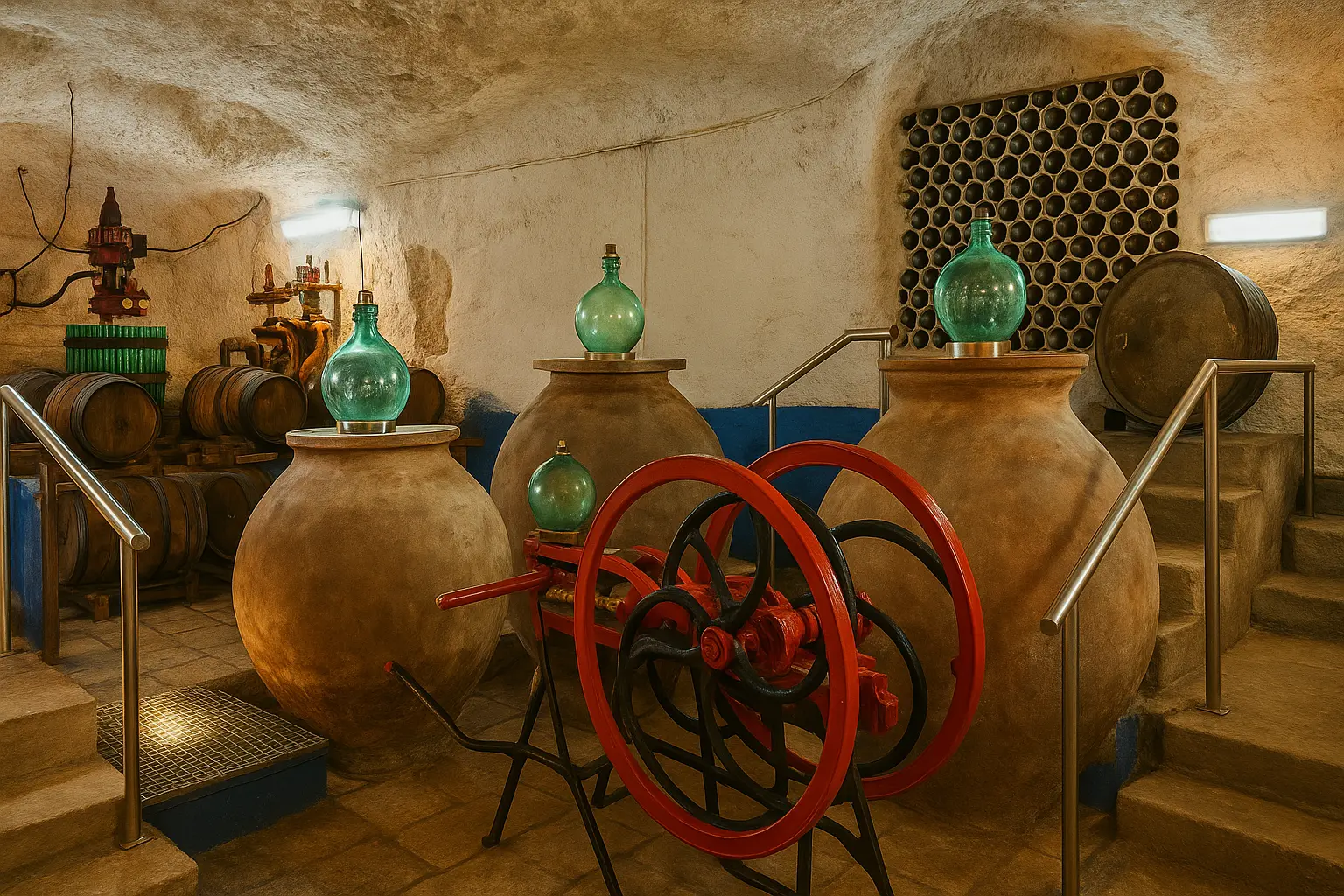 Tinajas de barro y la rueda roja en la Cueva Galileo