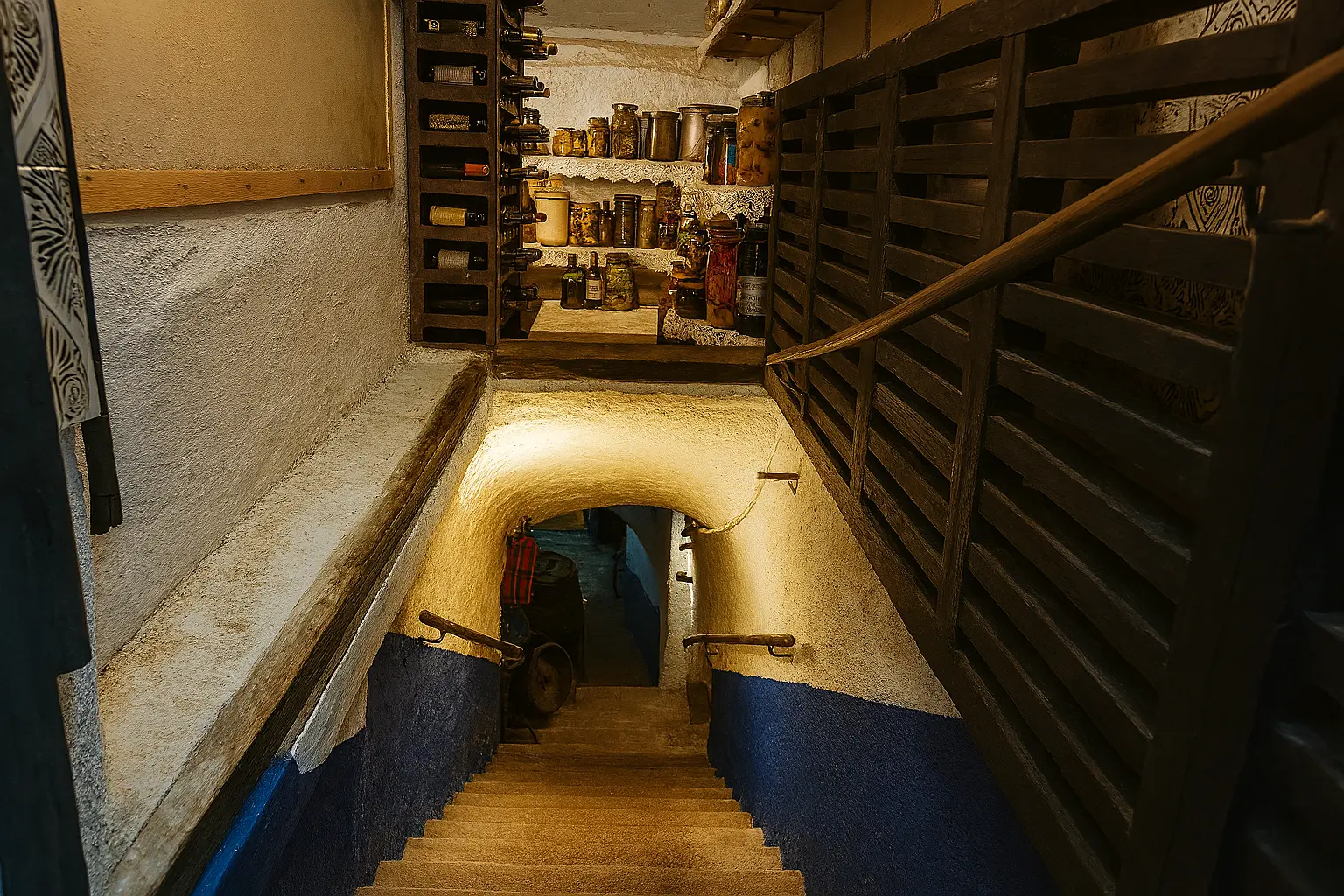 Acceso y escaleras de bajada a la cueva